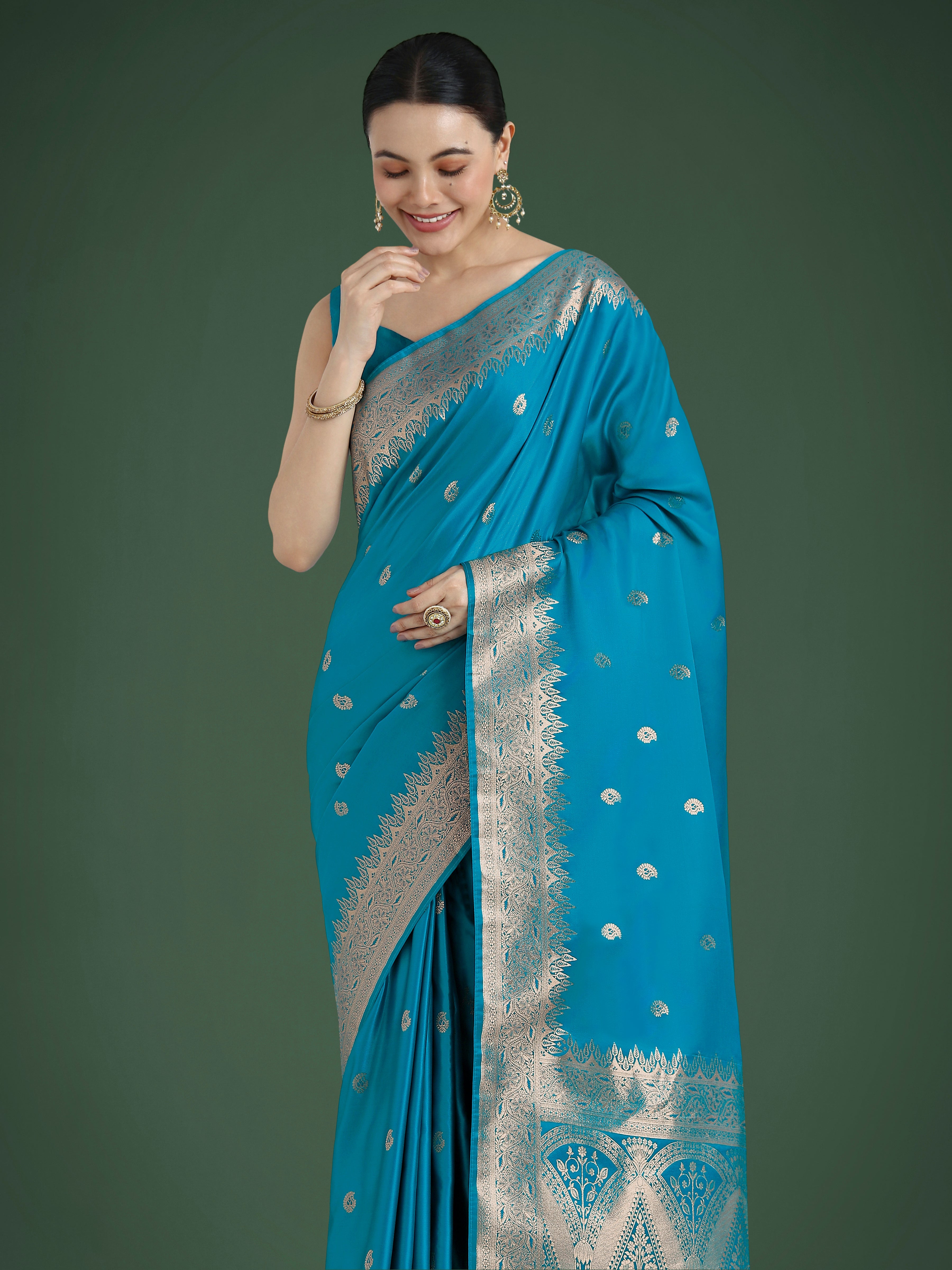 Monjolika Fashion Divine Cyan blue Soft Banarasi Satin Silk Saree With Blouse Piece - Distacart
