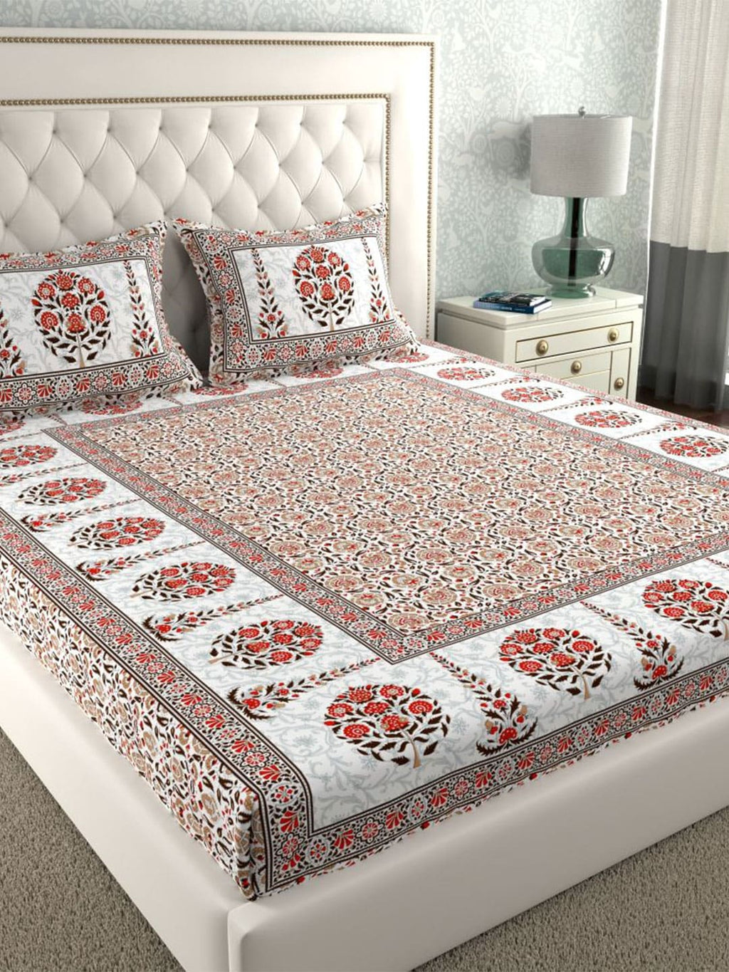 LA VERNE White & Maroon Ethnic Motifs 140 TC Cotton King Bedsheet With 2 Pillow Covers