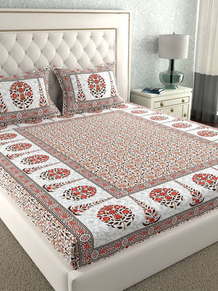 LA VERNE White & Maroon Ethnic Motifs 140 TC Cotton King Bedsheet With 2 Pillow Covers