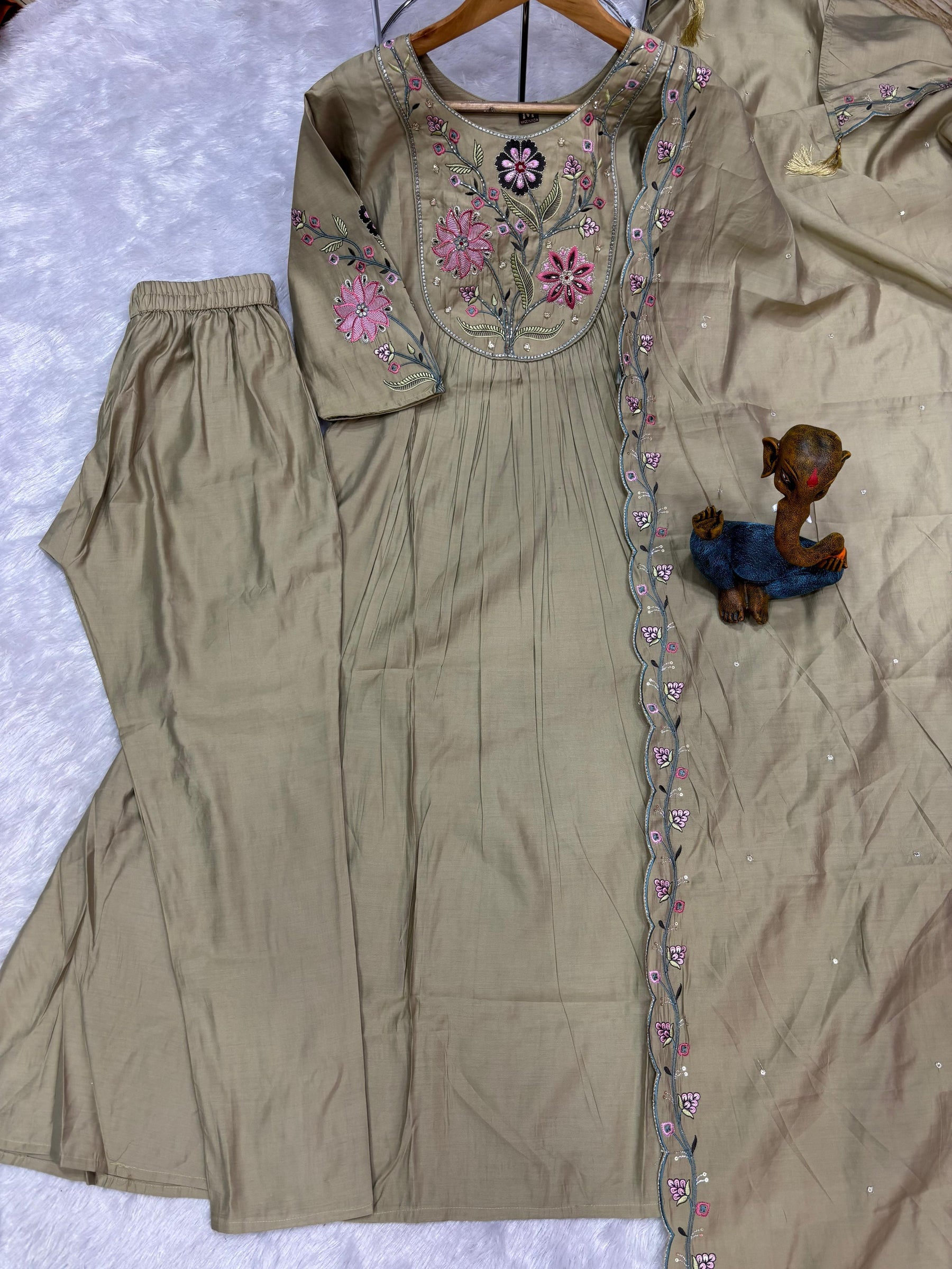 Lorenvalley Fashion Pista Viscose Roman Silk Multi Embroidery Thread With Hand Work Anarkali Kurti Pant Dupatta - Distacart