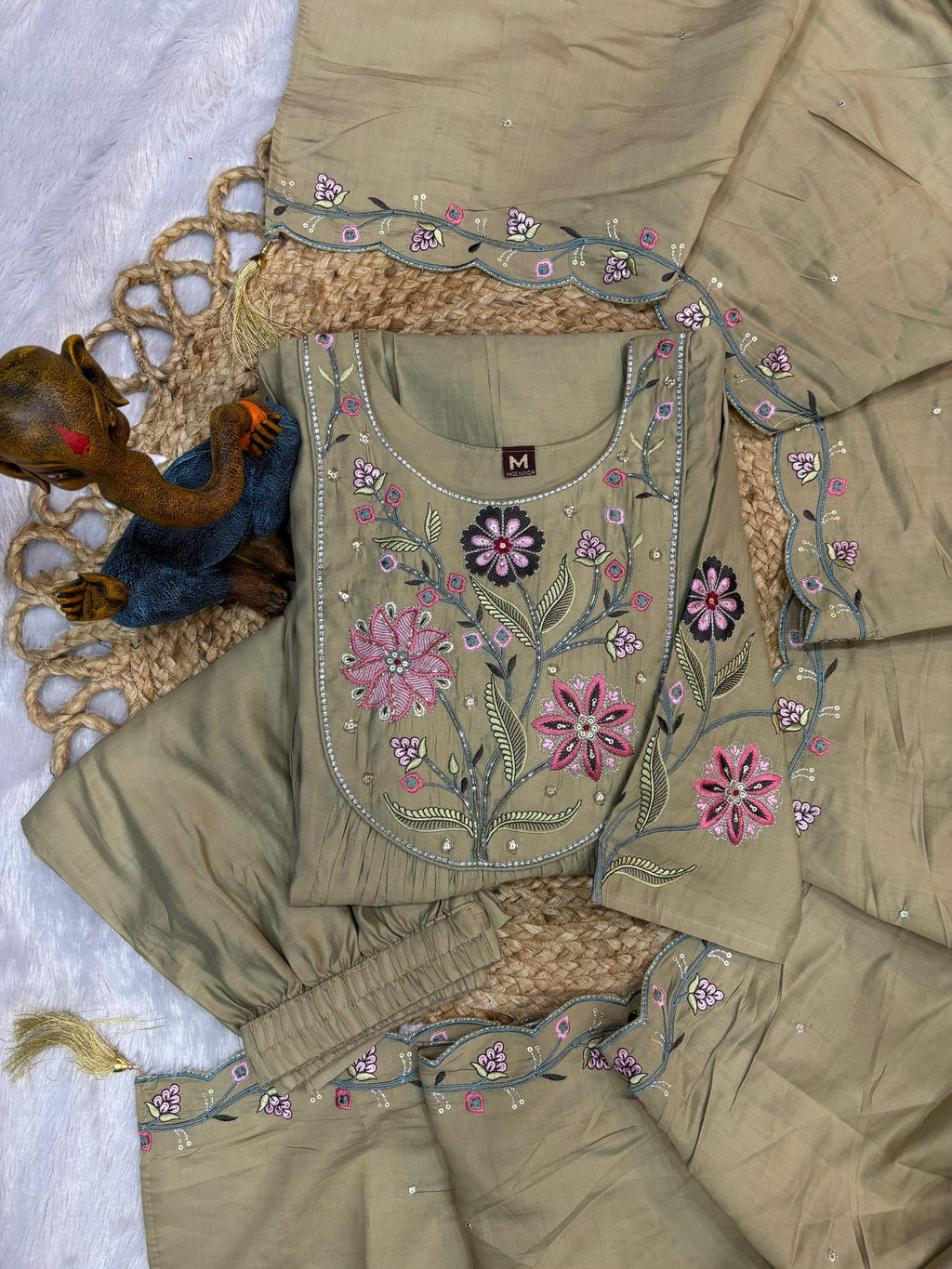Lorenvalley Fashion Pista Viscose Roman Silk Multi Embroidery Thread With Hand Work Anarkali Kurti Pant Dupatta - Distacart