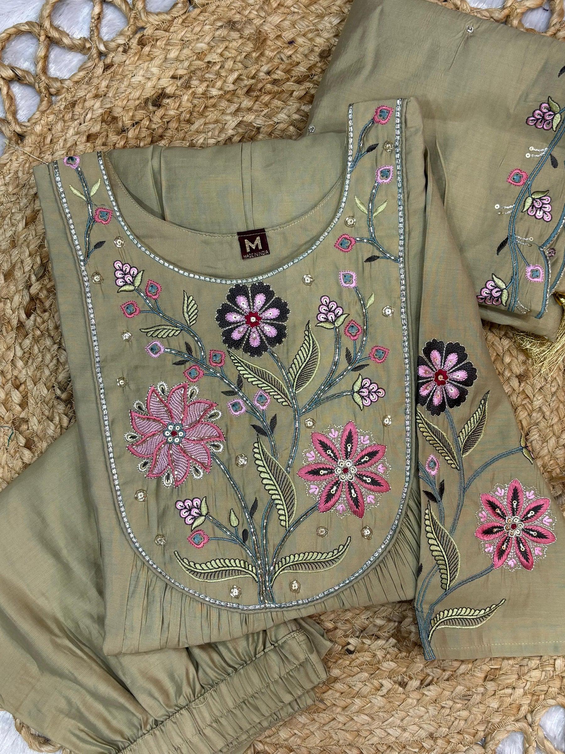 Lorenvalley Fashion Pista Viscose Roman Silk Multi Embroidery Thread With Hand Work Anarkali Kurti Pant Dupatta - Distacart