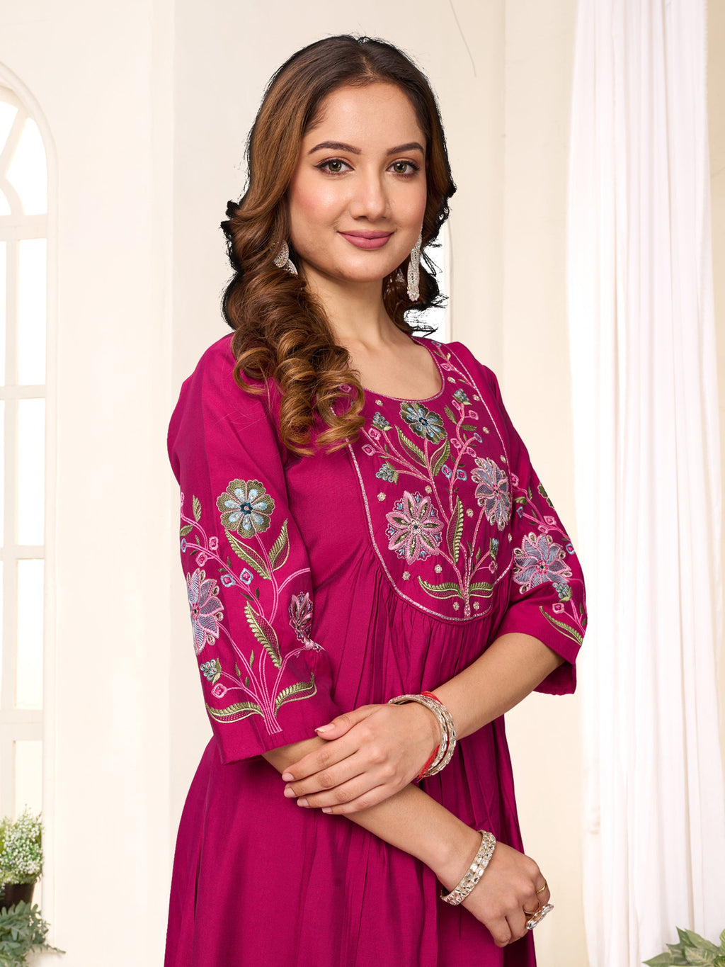 Lorenvalley Fashion Ranipink Viscose Roman Silk Multi Embroidery Thread With Hand Work Anarkali Kurti Pant Dupatta - Distacart