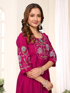 Lorenvalley Fashion Ranipink Viscose Roman Silk Multi Embroidery Thread With Hand Work Anarkali Kurti Pant Dupatta - Distacart