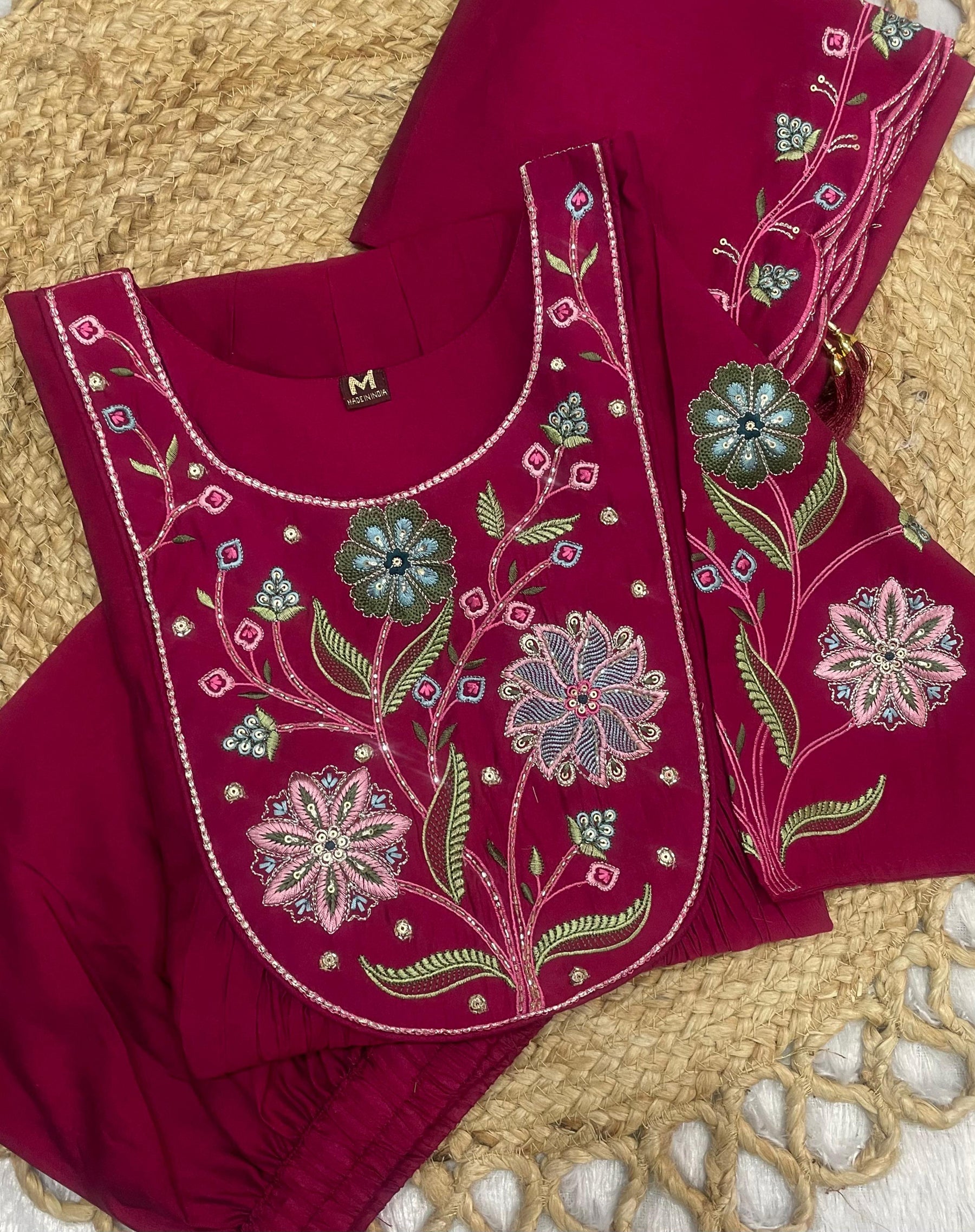 Lorenvalley Fashion Ranipink Viscose Roman Silk Multi Embroidery Thread With Hand Work Anarkali Kurti Pant Dupatta - Distacart