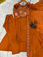 Lorenvalley Fashion Rust Viscose Roman Silk Multi Embroidery Thread With Hand Work Anarkali Kurti Pant Dupatta - Distacart