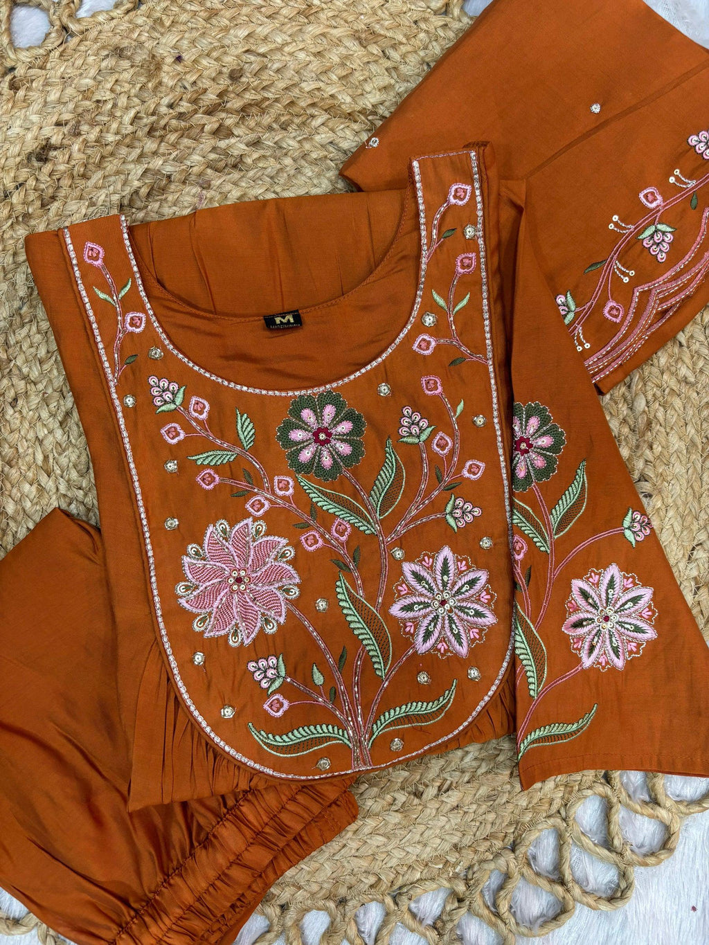 Lorenvalley Fashion Rust Viscose Roman Silk Multi Embroidery Thread With Hand Work Anarkali Kurti Pant Dupatta - Distacart