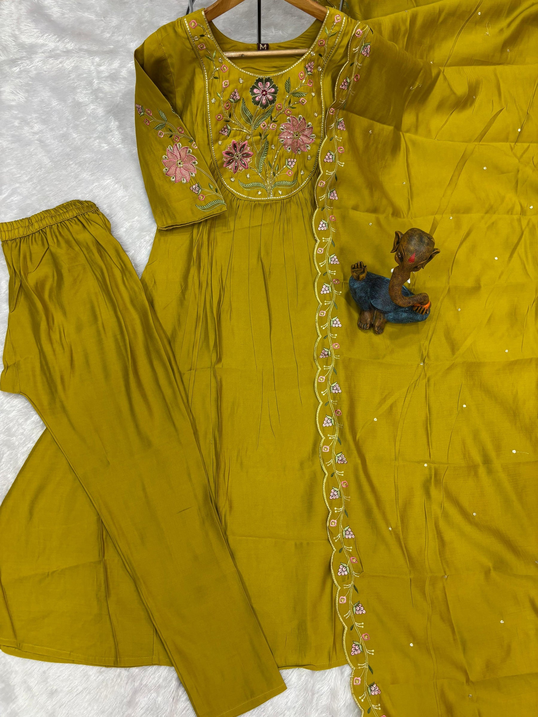 Lorenvalley Fashion Yellow Viscose Roman Silk Multi Embroidery Thread With Hand Work Anarkali Kurti Pant Dupatta - Distacart