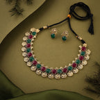 Tehzeeb Creations Green And Maroon Colour Gold-Polished Stone Jewellery Choker Necklace Set With Matching Pair of Stud Earrings