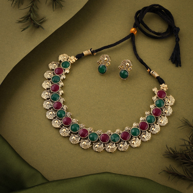 Tehzeeb Creations Green And Maroon Colour Gold-Polished Stone Jewellery Choker Necklace Set With Matching Pair of Stud Earrings