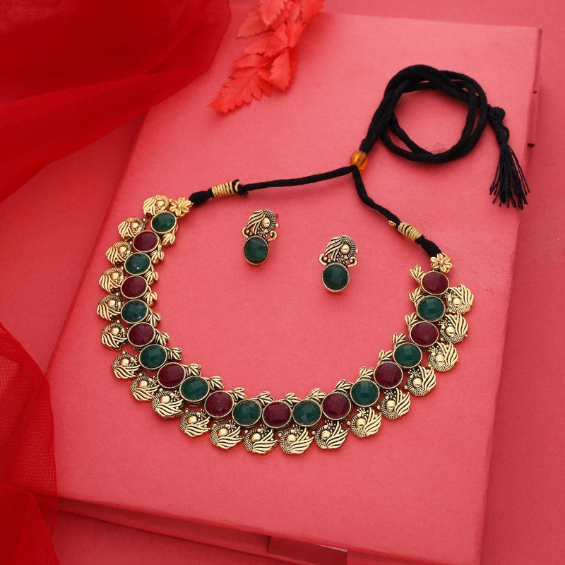 Tehzeeb Creations Green And Maroon Colour Gold-Polished Stone Jewellery Choker Necklace Set With Matching Pair of Stud Earrings