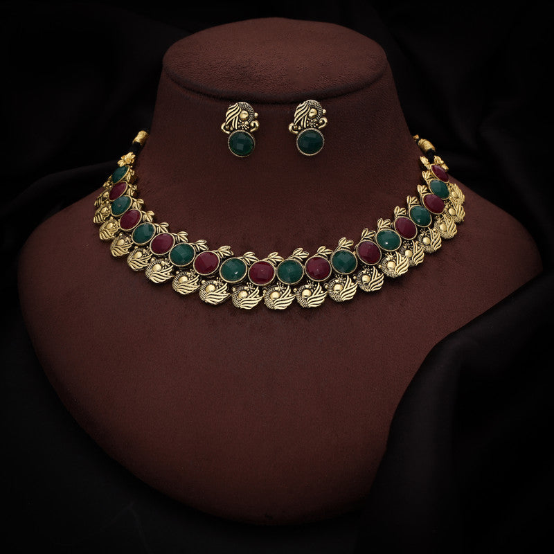 Tehzeeb Creations Green And Maroon Colour Gold-Polished Stone Jewellery Choker Necklace Set With Matching Pair of Stud Earrings