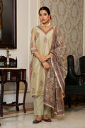 Vaasva Women Green Chanderi Block Printed Embroidered Kurta Set With Solid Pants & Dupatta