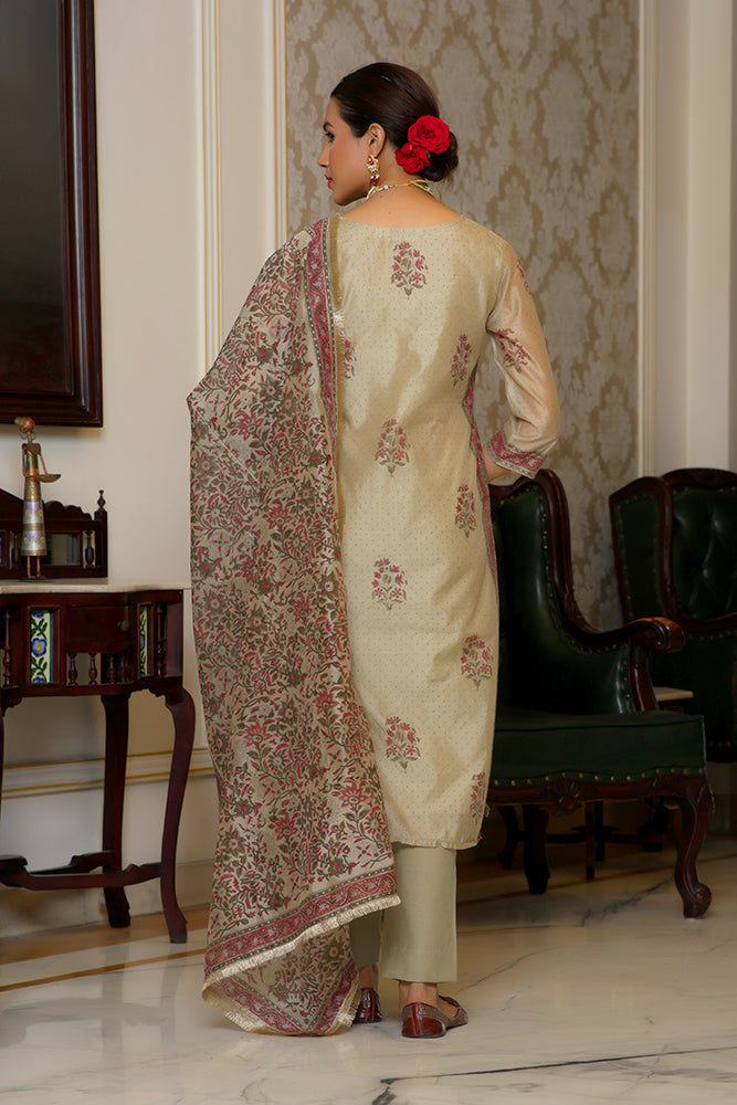 Vaasva Women Green Chanderi Block Printed Embroidered Kurta Set With Solid Pants & Dupatta