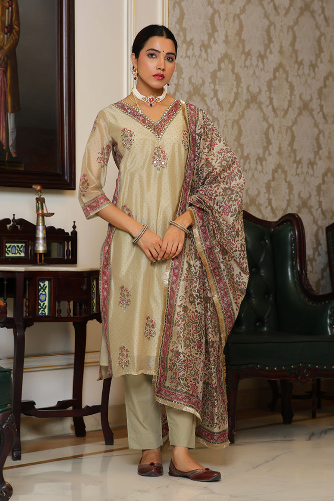 Vaasva Women Green Chanderi Block Printed Embroidered Kurta Set With Solid Pants & Dupatta