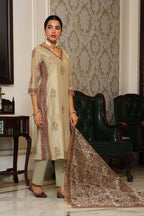 Vaasva Women Green Chanderi Block Printed Embroidered Kurta Set With Solid Pants & Dupatta