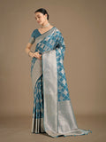 Monjolika Fashion Cyan blue Banarasi Satin Silk Saree with Rich Zari Woven Pallu & Blouse Piece - Distacart