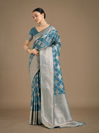Monjolika Fashion Cyan blue Banarasi Satin Silk Saree with Rich Zari Woven Pallu & Blouse Piece - Distacart
