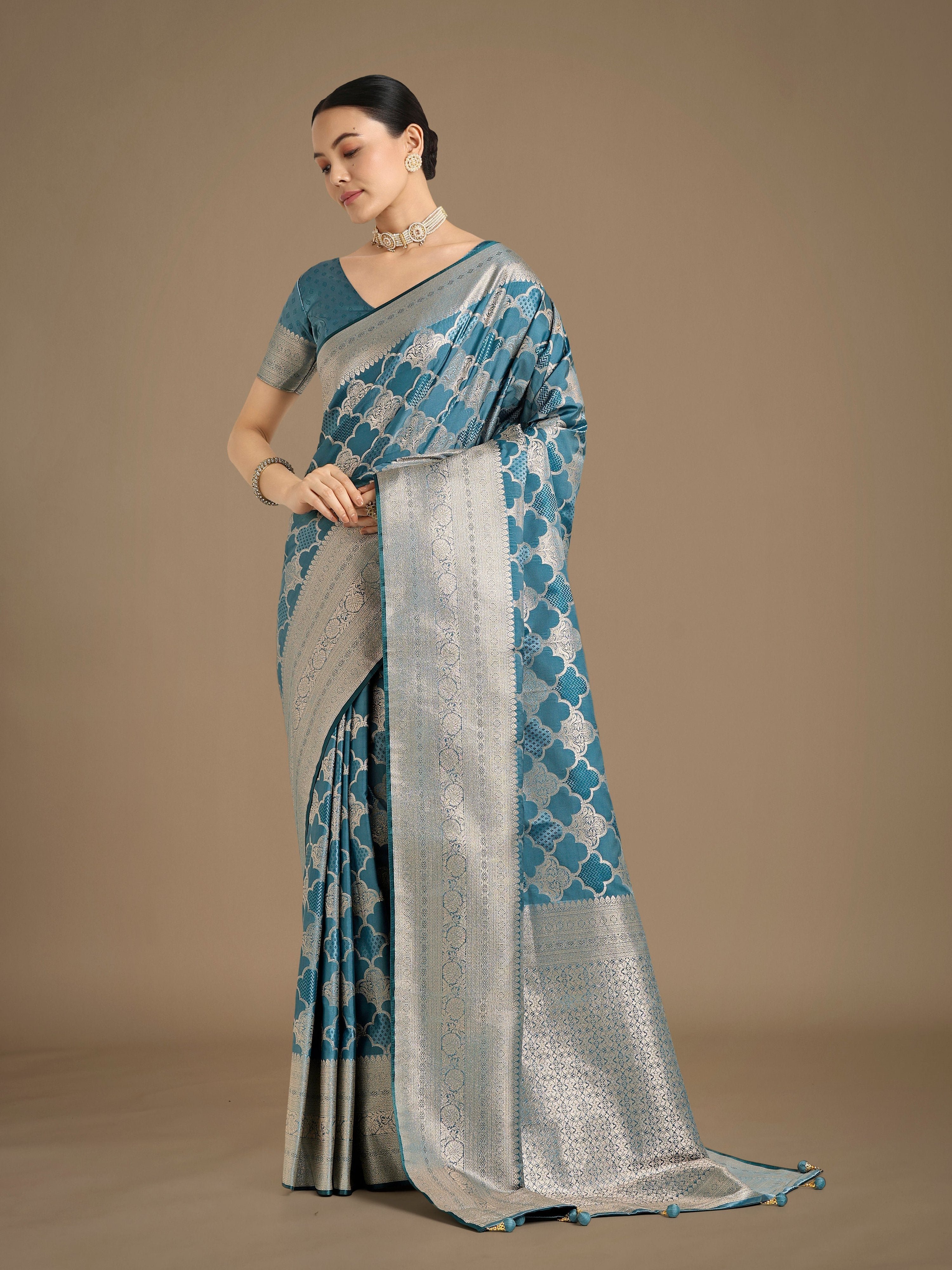 Monjolika Fashion Cyan blue Banarasi Satin Silk Saree with Rich Zari Woven Pallu & Blouse Piece - Distacart