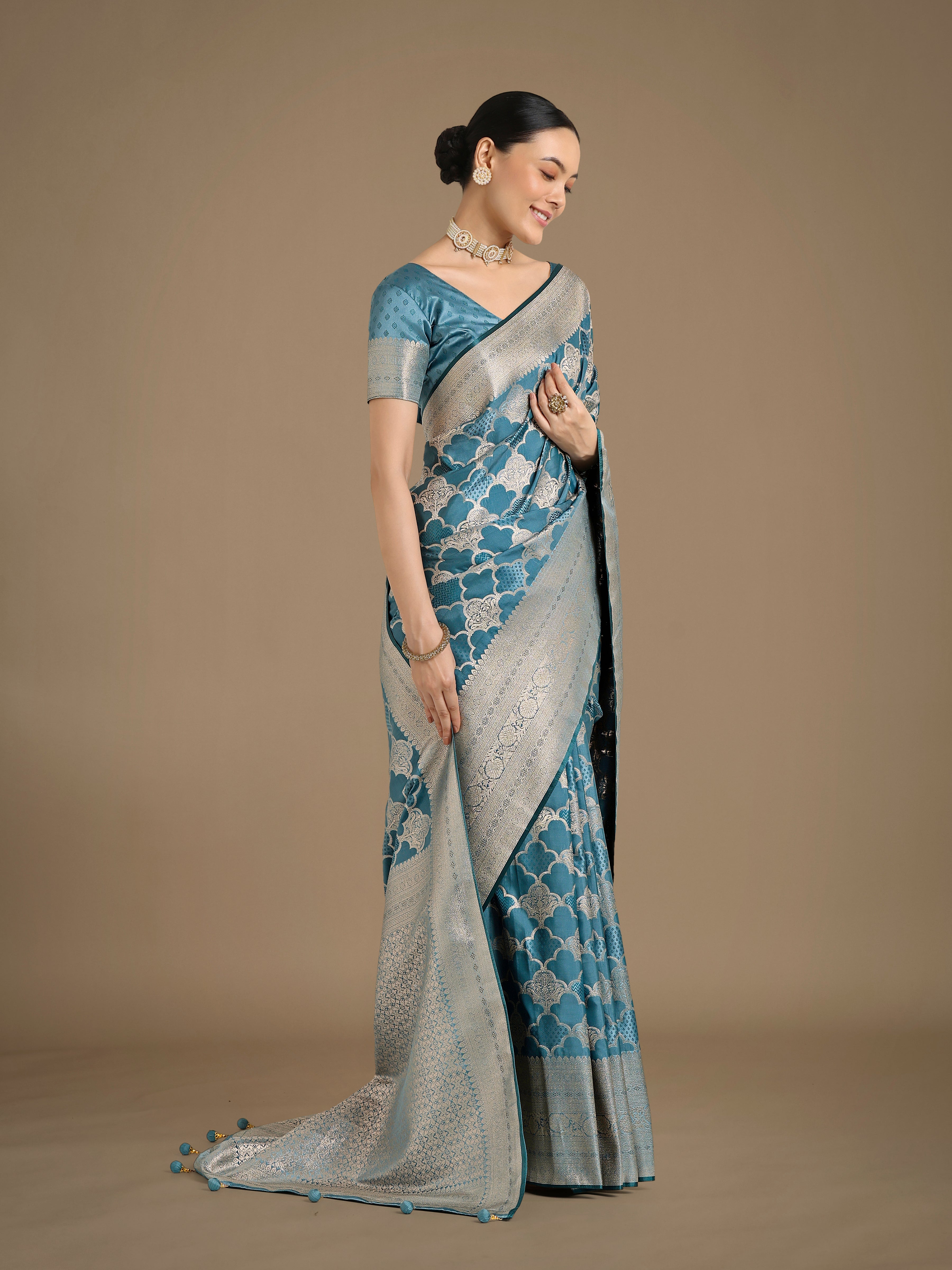 Monjolika Fashion Cyan blue Banarasi Satin Silk Saree with Rich Zari Woven Pallu & Blouse Piece - Distacart