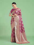 Monjolika Fashion Rose Pink Banarasi Satin Silk Saree with Rich Zari Woven Pallu & Blouse Piece - Distacart