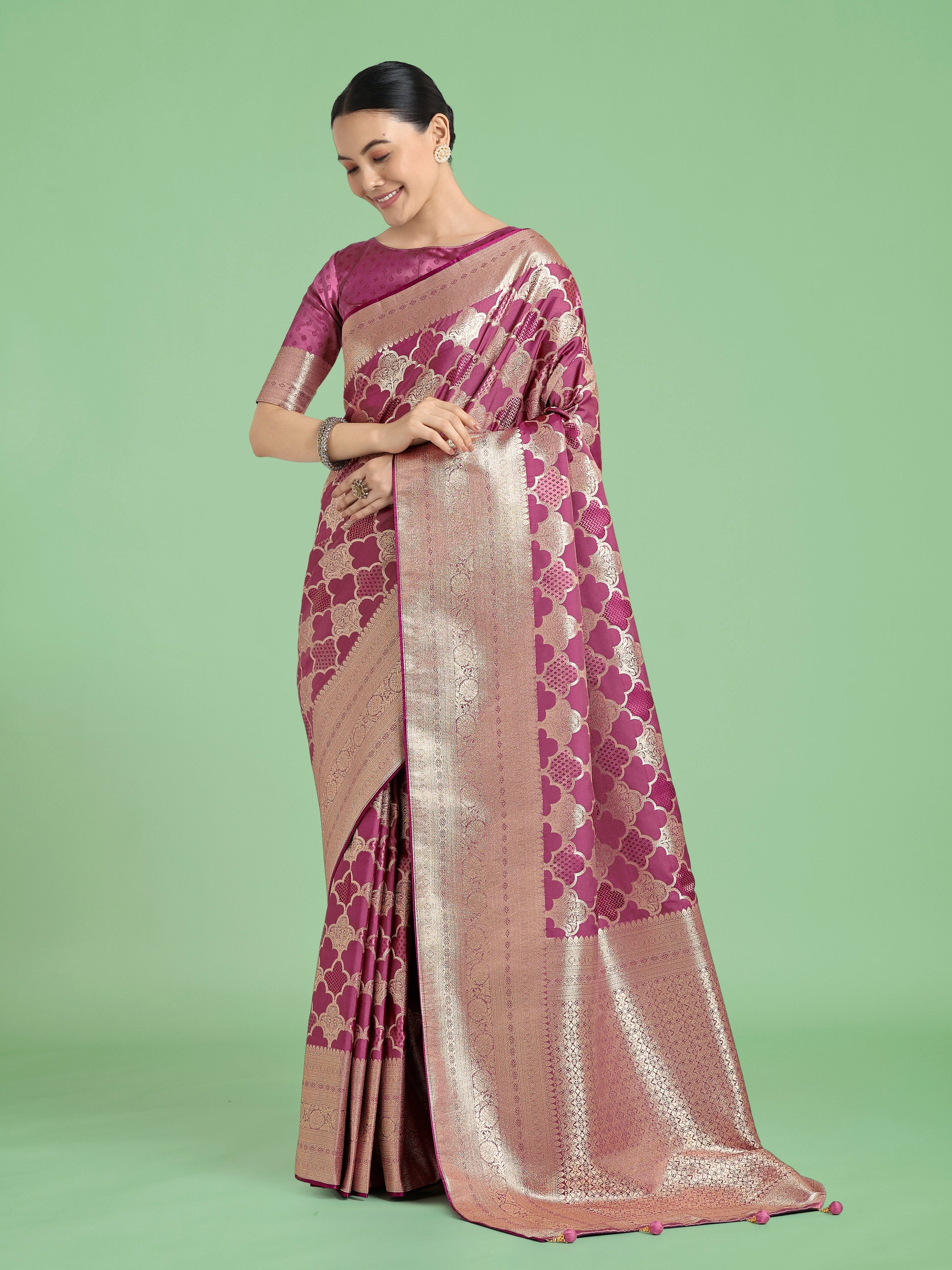 Monjolika Fashion Rose Pink Banarasi Satin Silk Saree with Rich Zari Woven Pallu & Blouse Piece - Distacart