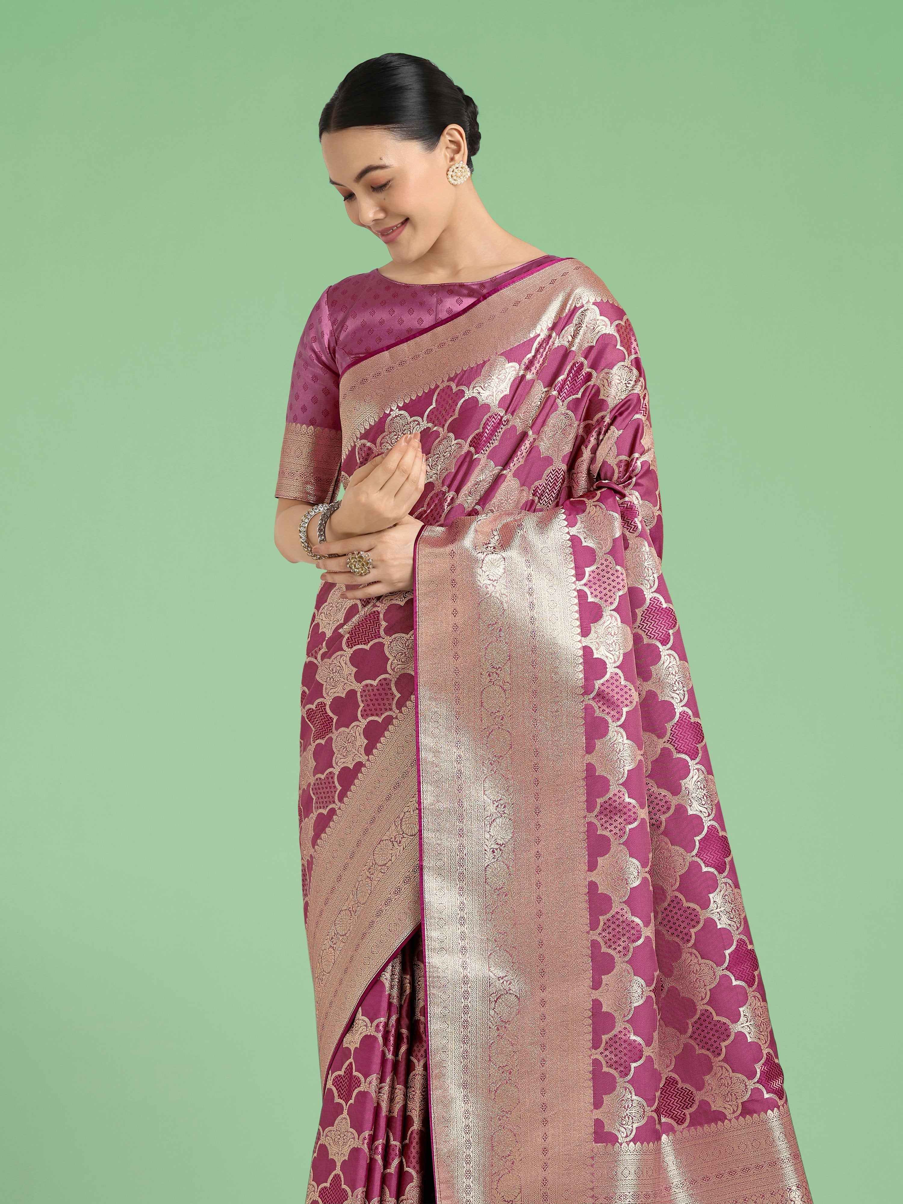 Monjolika Fashion Rose Pink Banarasi Satin Silk Saree with Rich Zari Woven Pallu & Blouse Piece - Distacart