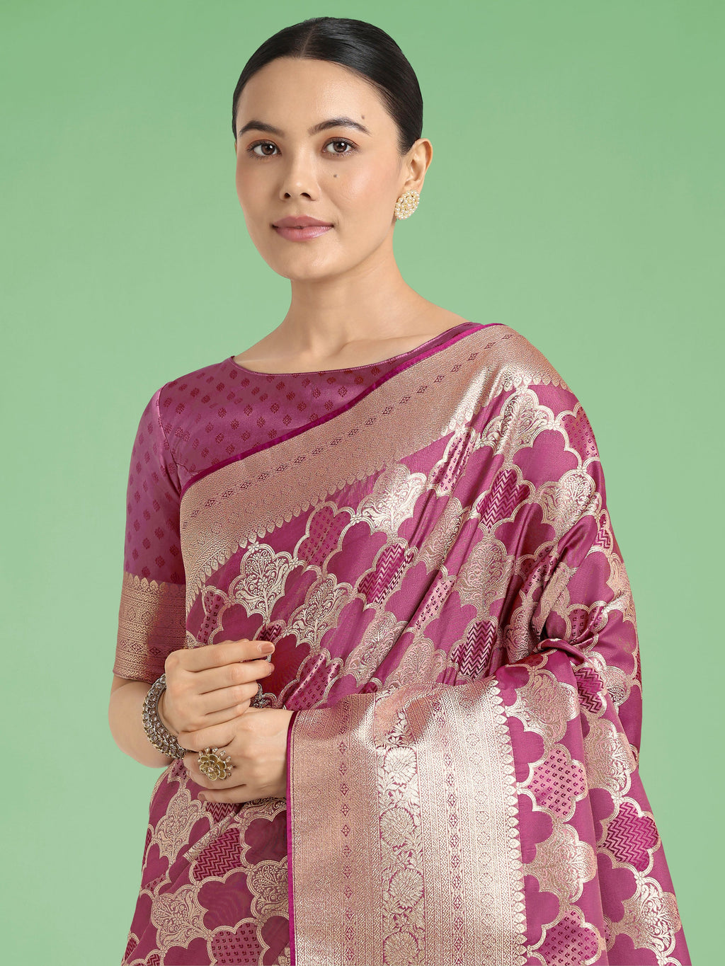 Monjolika Fashion Rose Pink Banarasi Satin Silk Saree with Rich Zari Woven Pallu & Blouse Piece - Distacart