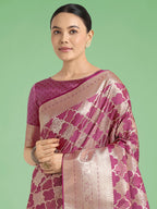 Monjolika Fashion Rose Pink Banarasi Satin Silk Saree with Rich Zari Woven Pallu & Blouse Piece - Distacart