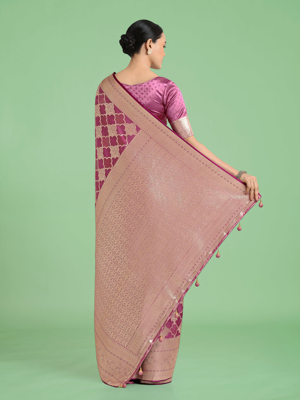 Monjolika Fashion Rose Pink Banarasi Satin Silk Saree with Rich Zari Woven Pallu & Blouse Piece - Distacart