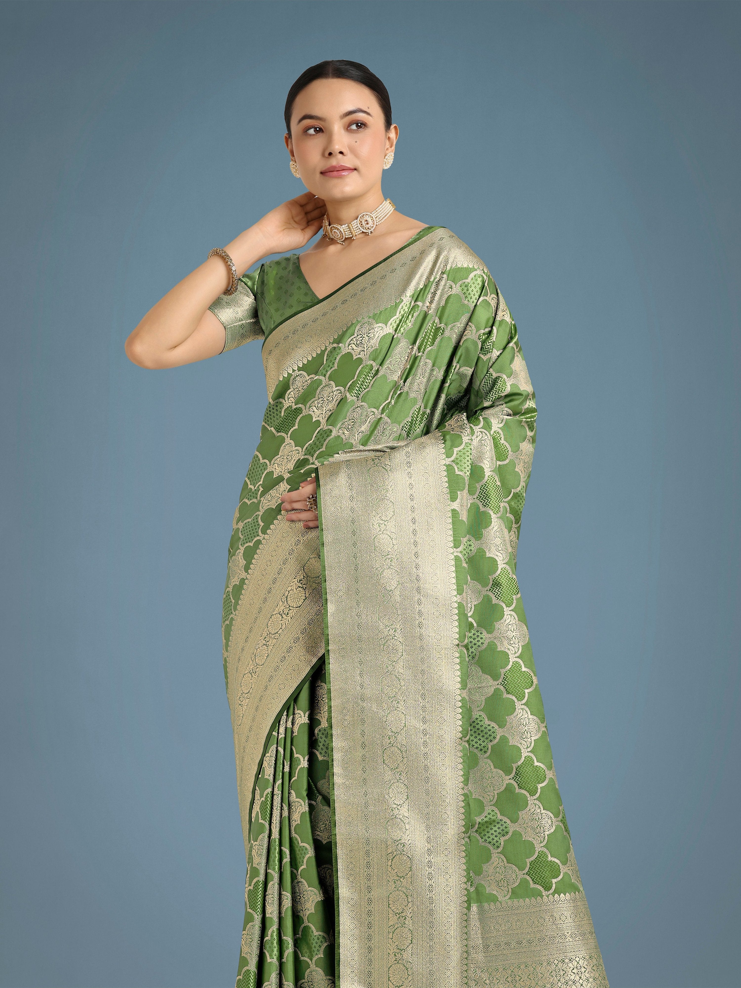 Monjolika Fashion Green Banarasi Satin Silk Saree with Rich Zari Woven Pallu & Blouse Piece - Distacart