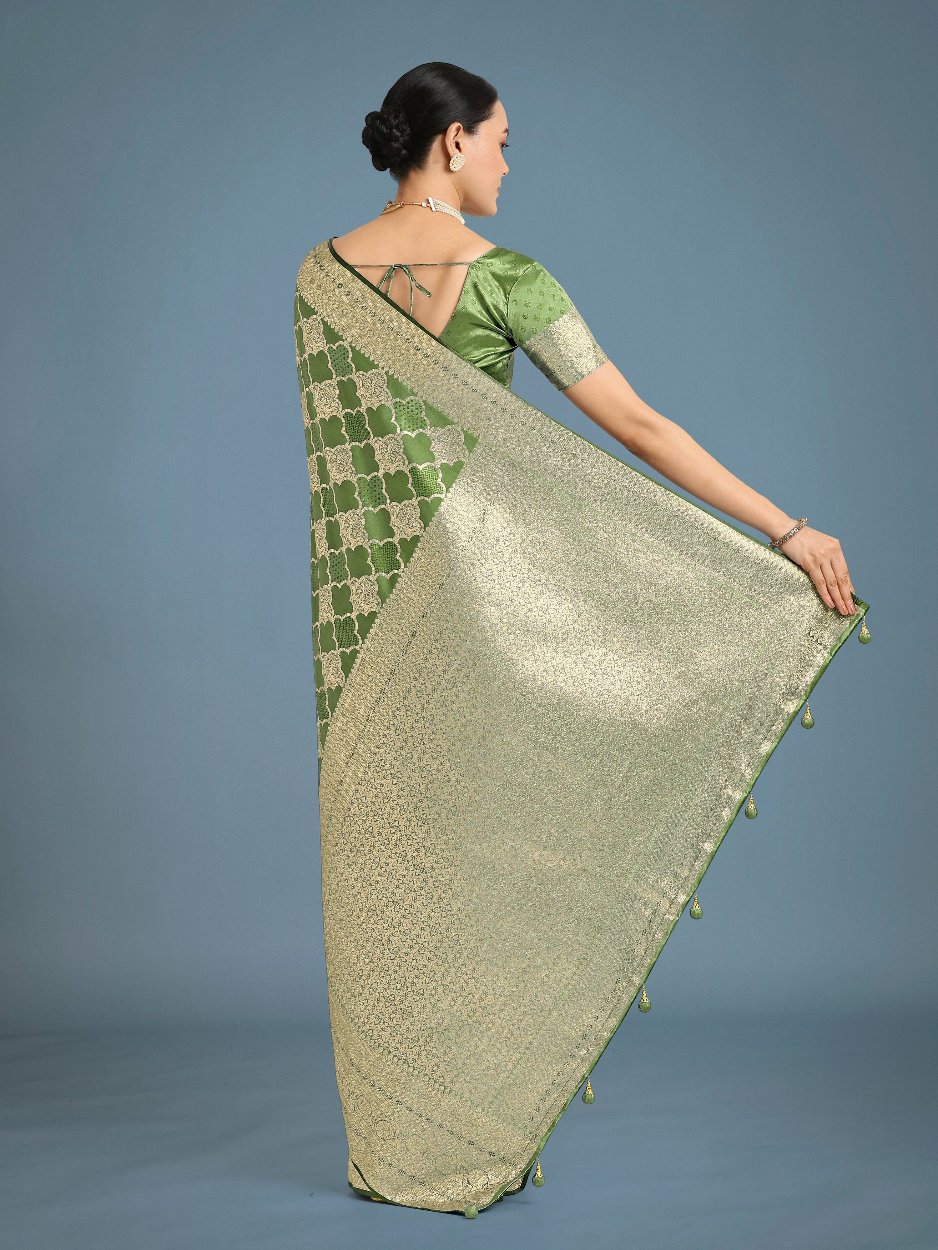 Monjolika Fashion Green Banarasi Satin Silk Saree with Rich Zari Woven Pallu & Blouse Piece - Distacart