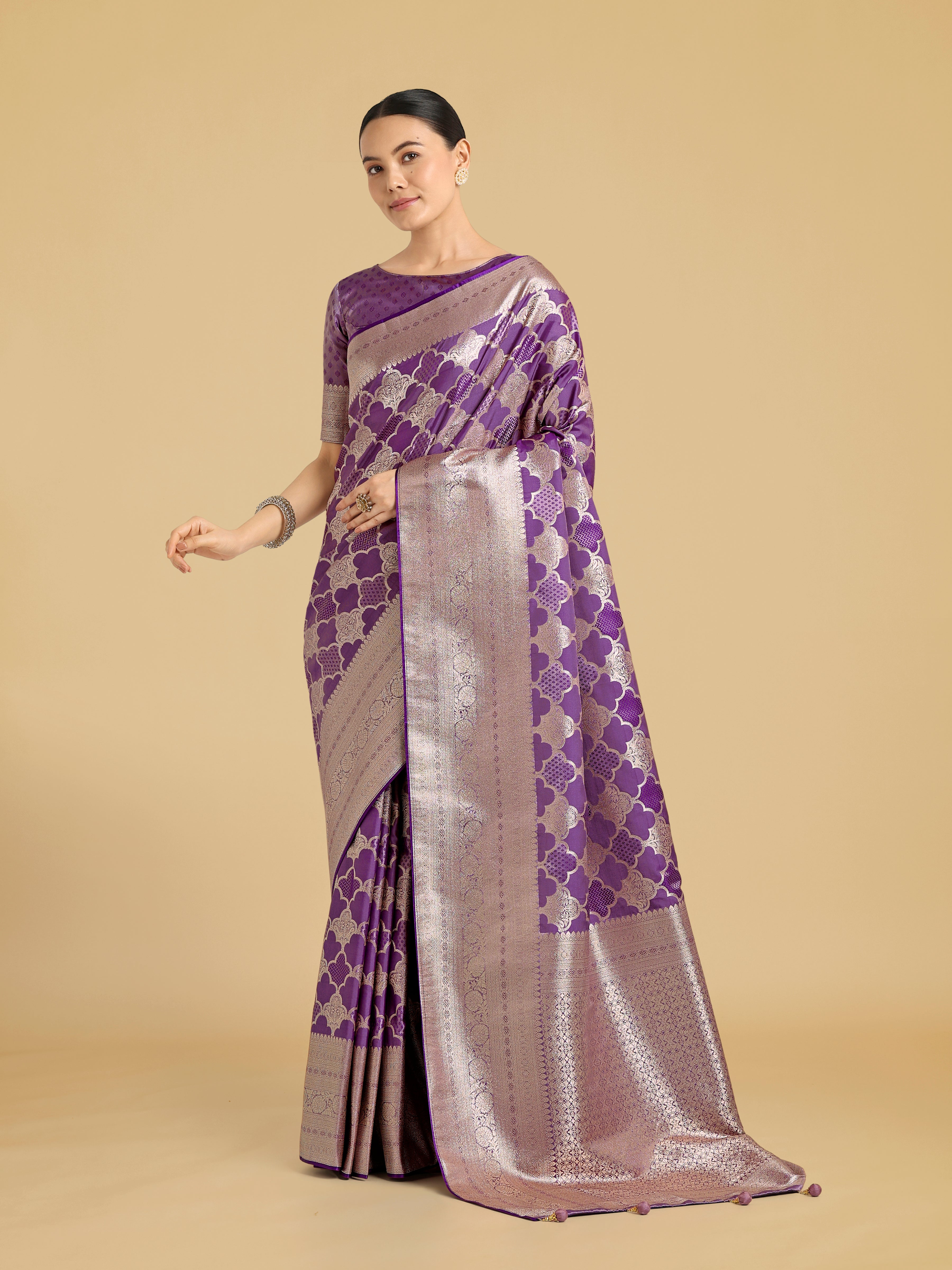 Monjolika Fashion Purple Banarasi Satin Silk Saree with Rich Zari Woven Pallu & Blouse Piece - Distacart