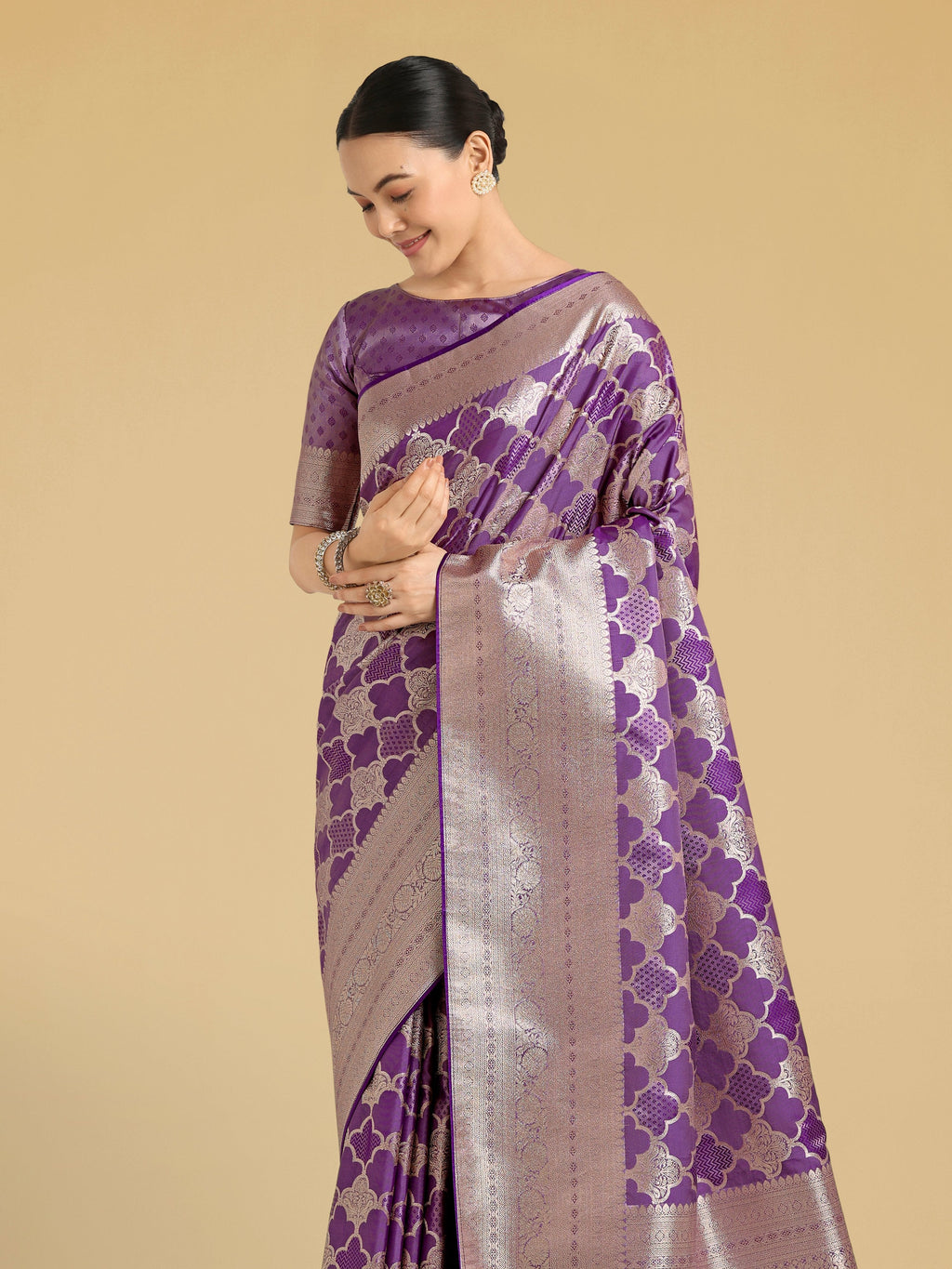 Monjolika Fashion Purple Banarasi Satin Silk Saree with Rich Zari Woven Pallu & Blouse Piece - Distacart