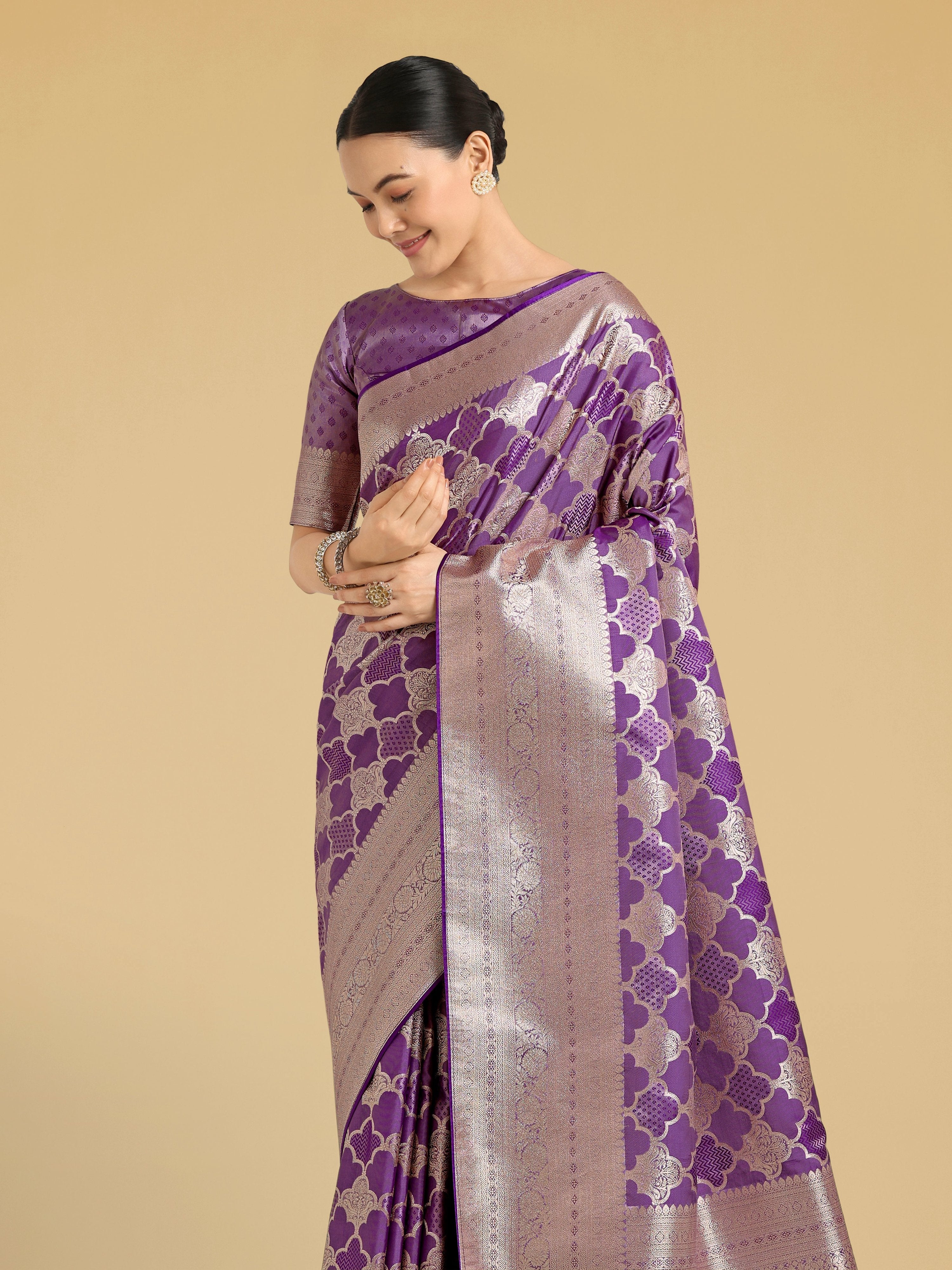 Monjolika Fashion Purple Banarasi Satin Silk Saree with Rich Zari Woven Pallu & Blouse Piece - Distacart