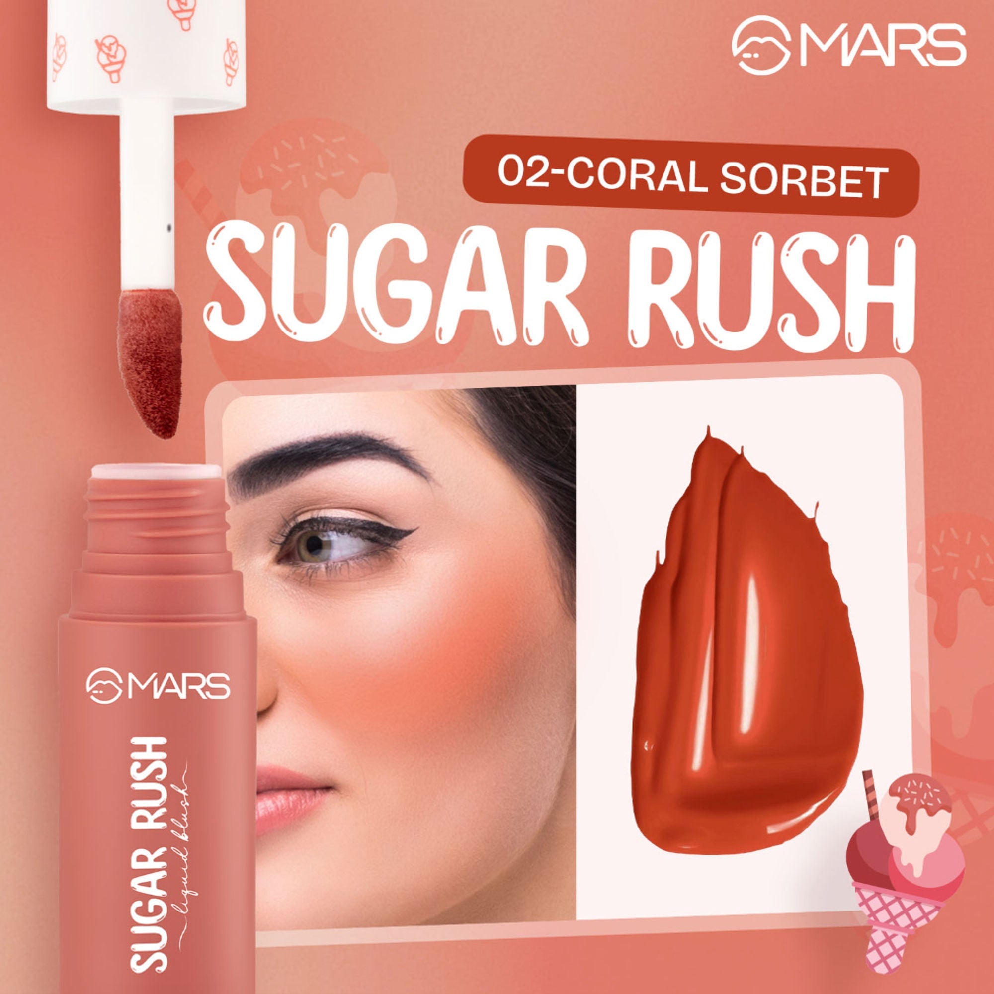 MARS Cosmetics Sugar Rush Liquid Blush - 02-Coral Sorbet - Distacart