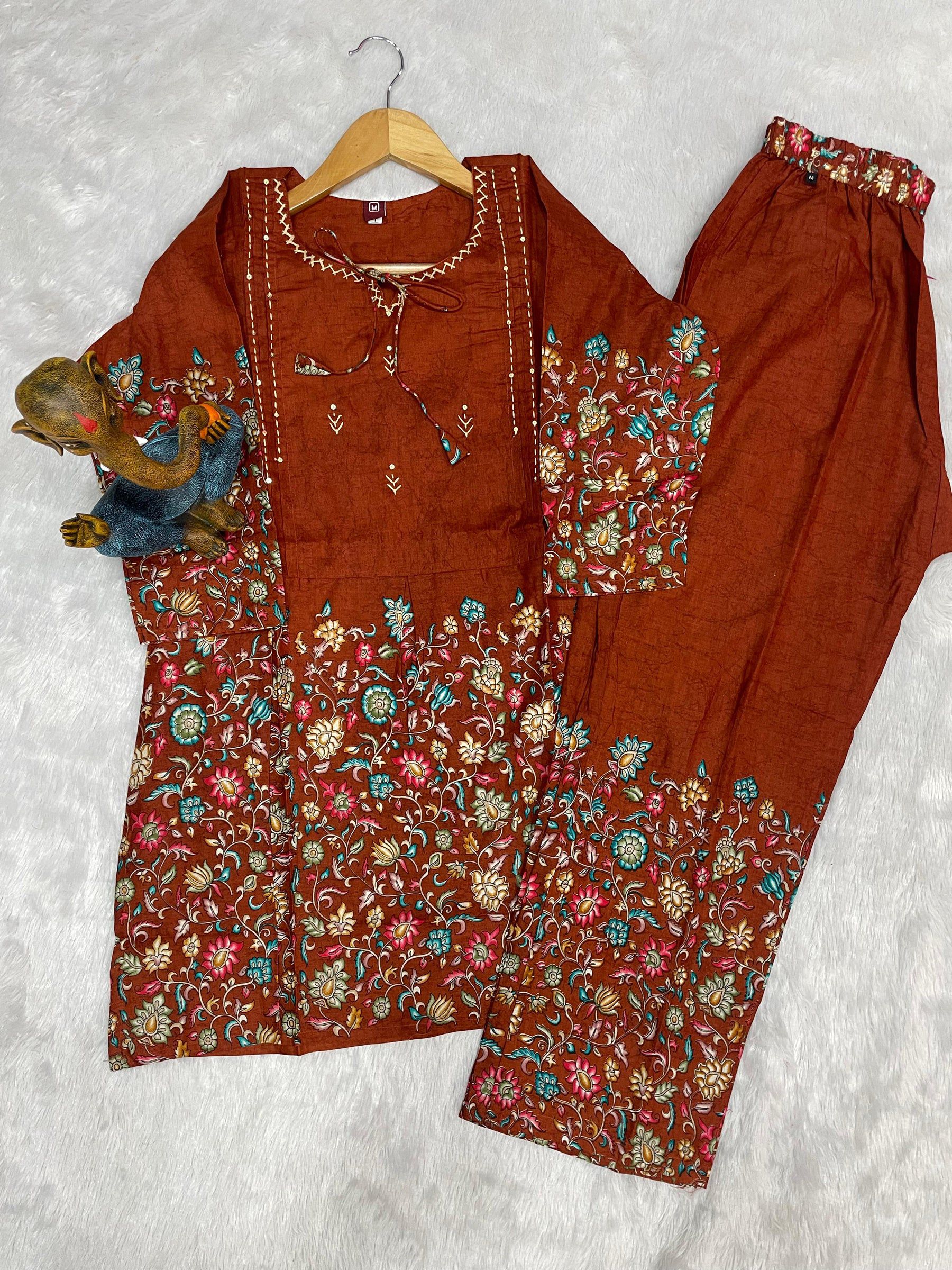 Lorenvalley Fashion Rust Pure Cotton Elegant & Trendy Printed Design Co-Ord Set - Distacart