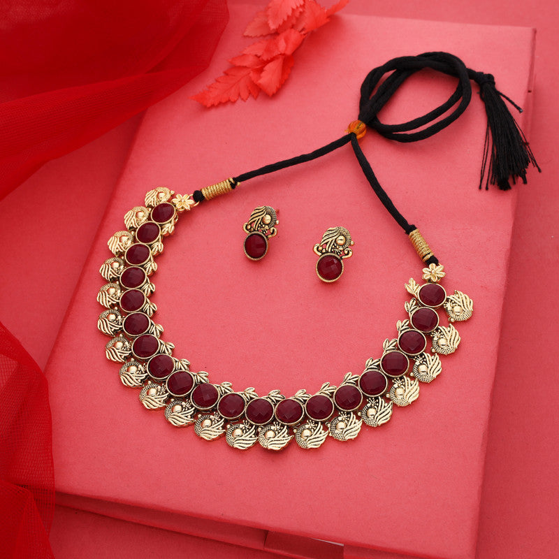Tehzeeb Creations Maroon Colour Gold-Polished Stone Jewellery Choker Necklace Set With Matching Pair of Stud Earrings