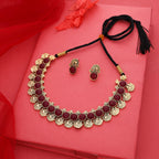 Tehzeeb Creations Maroon Colour Gold-Polished Stone Jewellery Choker Necklace Set With Matching Pair of Stud Earrings