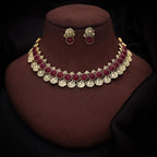 Tehzeeb Creations Maroon Colour Gold-Polished Stone Jewellery Choker Necklace Set With Matching Pair of Stud Earrings