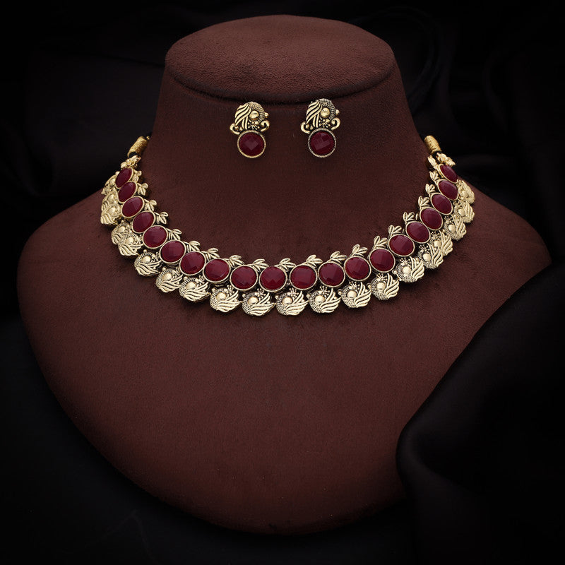 Tehzeeb Creations Maroon Colour Gold-Polished Stone Jewellery Choker Necklace Set With Matching Pair of Stud Earrings