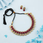 Tehzeeb Creations Maroon Colour Gold-Polished Stone Jewellery Choker Necklace Set With Matching Pair of Stud Earrings
