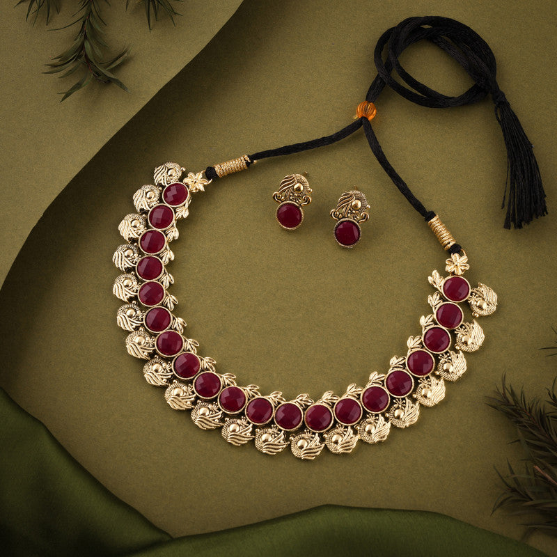 Tehzeeb Creations Maroon Colour Gold-Polished Stone Jewellery Choker Necklace Set With Matching Pair of Stud Earrings