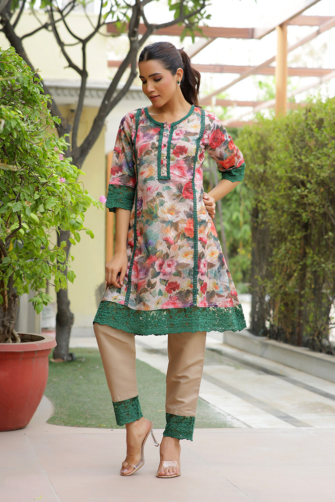 Vaasva Women Beige Embroidered Printed Kurta Set With Laced Solid Pants