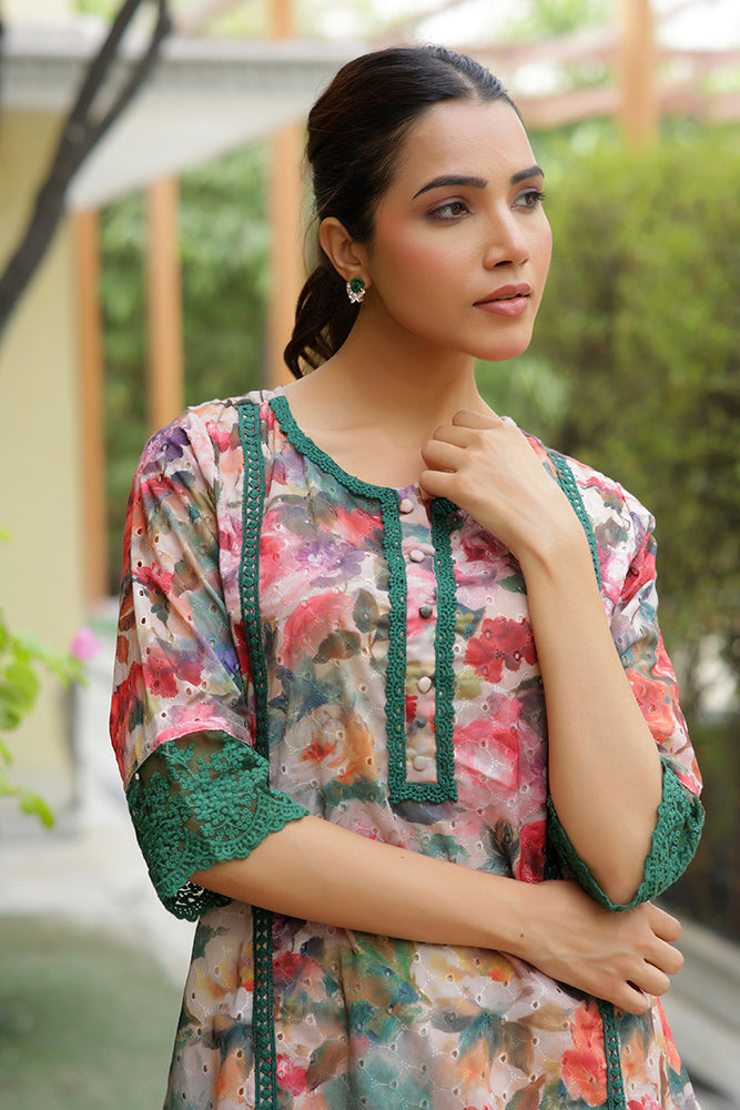 Vaasva Women Beige Embroidered Printed Kurta Set With Laced Solid Pants