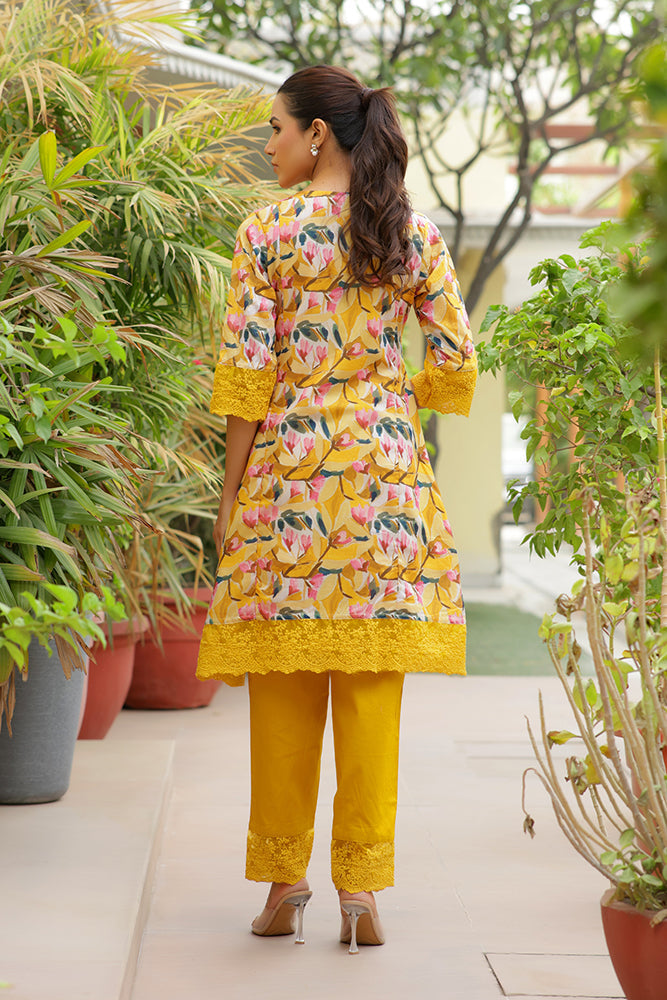 Vaasva Women Yellow Embroidered Printed Kurta Set With Laced Solid Pants