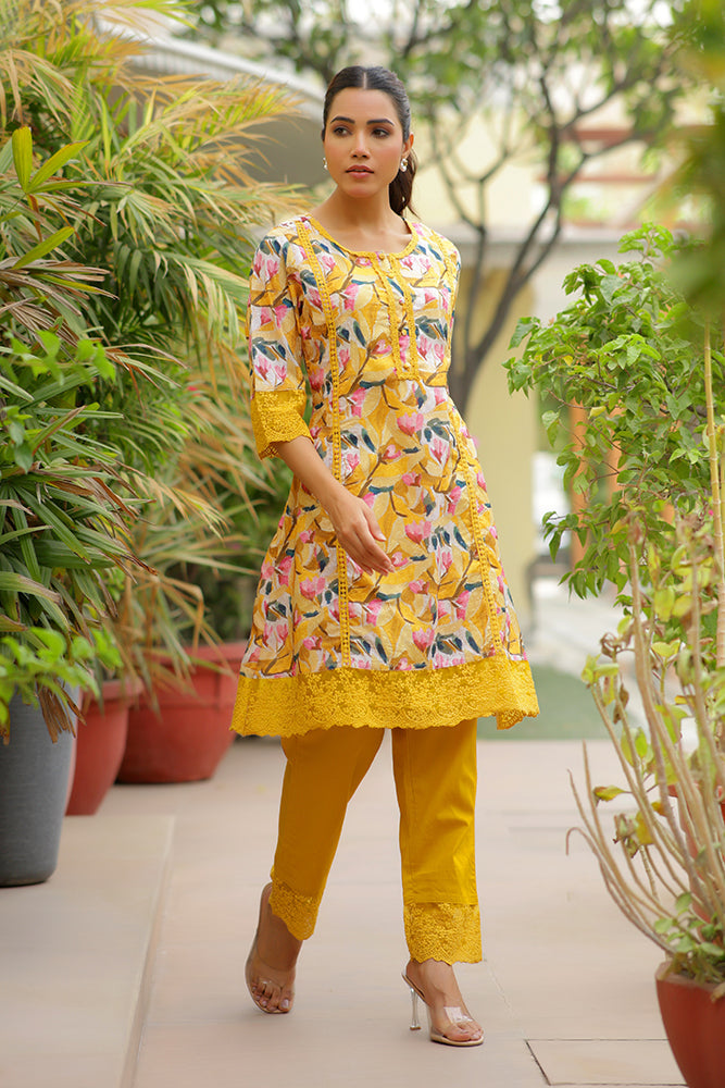 Vaasva Women Yellow Embroidered Printed Kurta Set With Laced Solid Pants