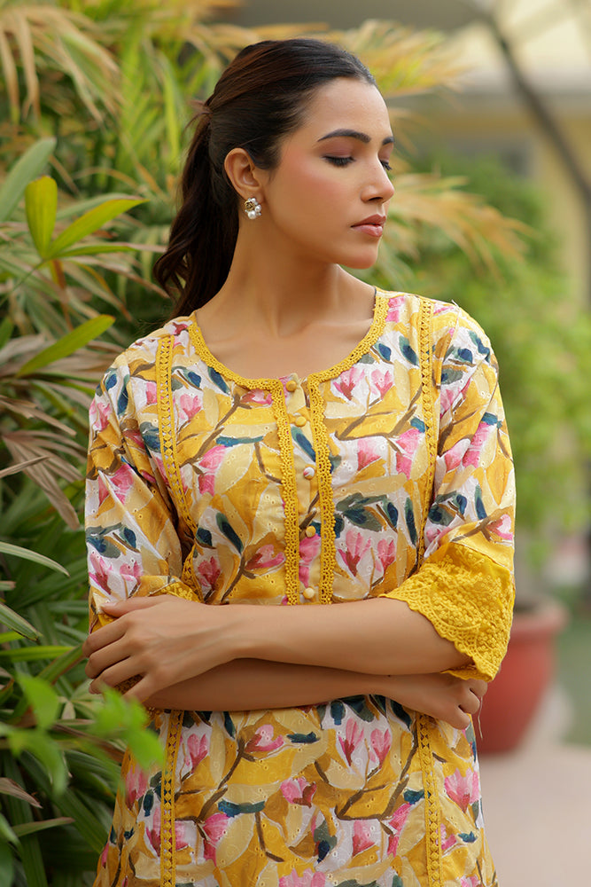 Vaasva Women Yellow Embroidered Printed Kurta Set With Laced Solid Pants