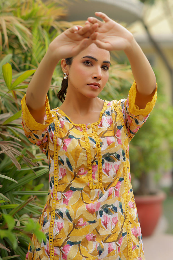 Vaasva Women Yellow Embroidered Printed Kurta Set With Laced Solid Pants