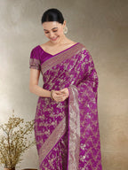 Monjolika Fashion Effervescent Purple Soft Banarasi Satin Silk Saree With Elision Blouse Piece